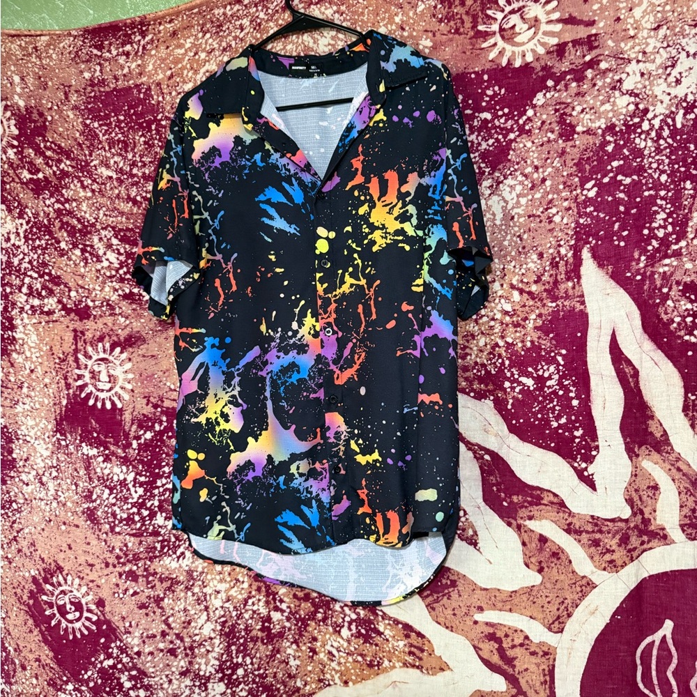 NFINITY Blue and Yellow Casual Button Down Shirt with Tropical Print